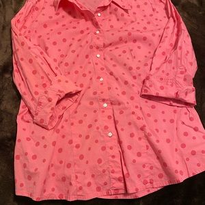 Large Pink Polka Dot 3/4 sleeve Rollback French cuff shirt w/fit forming darts